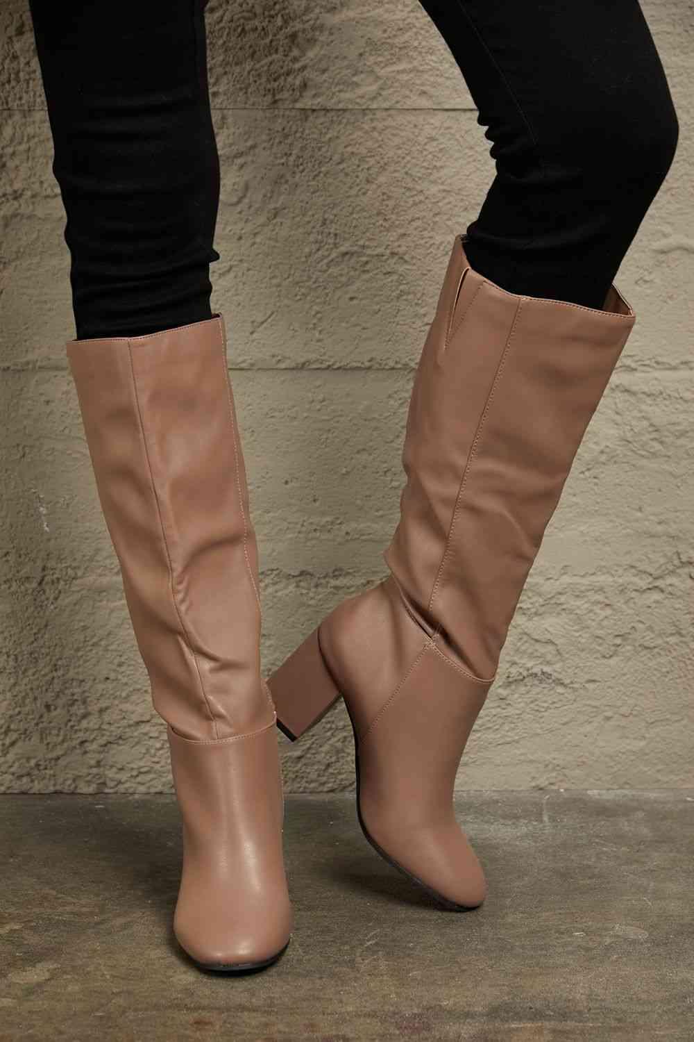 East Lion Corp Block Heel Knee High Boots - Browngold Fashion