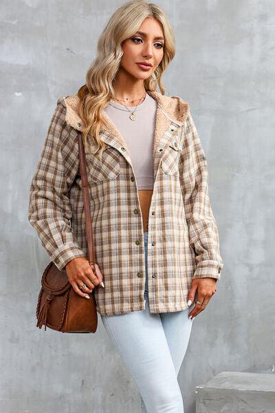 Plaid Snap Down Hooded Jacket - Browngold Fashion