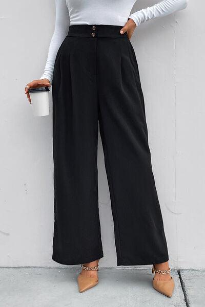 High Waist Ruched Pocketed Wide Leg Pants - Browngold Fashion