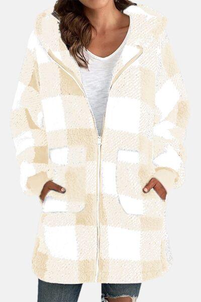 Double Take Full Size Plaid Long Sleeve Hooded Coat - Browngold Fashion