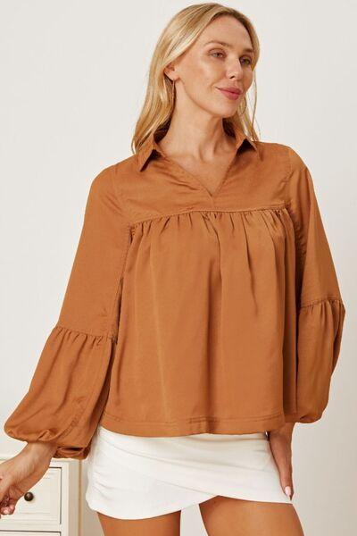 Balloon Sleeve Collared Neck Blouse - Browngold Fashion