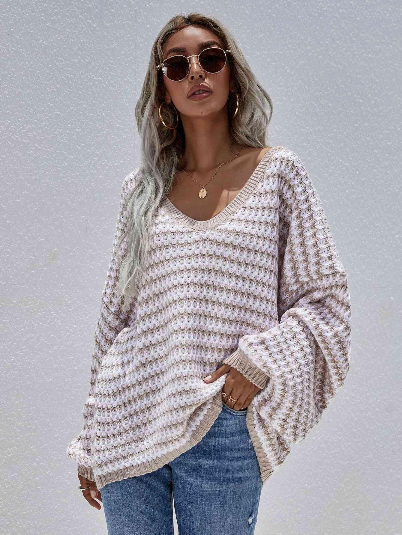 Striped Drop Shoulder V-Neck Pullover Sweater - Browngold Fashion