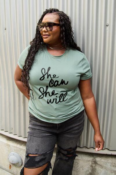 Simply Love Full Size SHE CAN SHE WILL Short Sleeve T-Shirt - Browngold Fashion