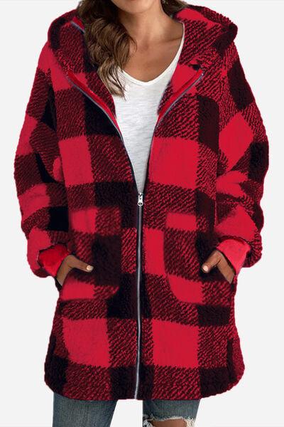 Double Take Full Size Plaid Long Sleeve Hooded Coat - Browngold Fashion