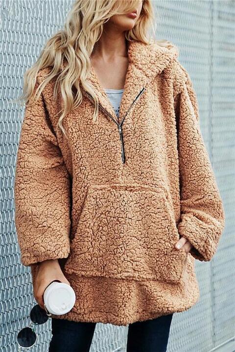 Full Size Half Zip Up Teddy Hoodie with Front Pocket - Browngold Fashion