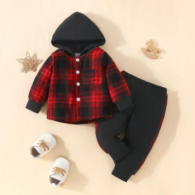 Plaid Button Up Hooded Shacket ann Pants Set - Browngold Fashion