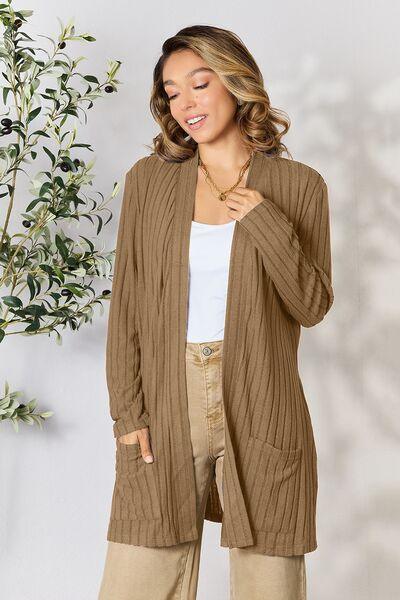 Basic Bae Full Size Ribbed Open Front Cardigan with Pockets - Browngold Fashion