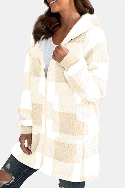 Double Take Full Size Plaid Long Sleeve Hooded Coat - Browngold Fashion