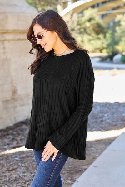 Basic Bae Full Size Ribbed Round Neck Long Sleeve Knit Top - Browngold Fashion