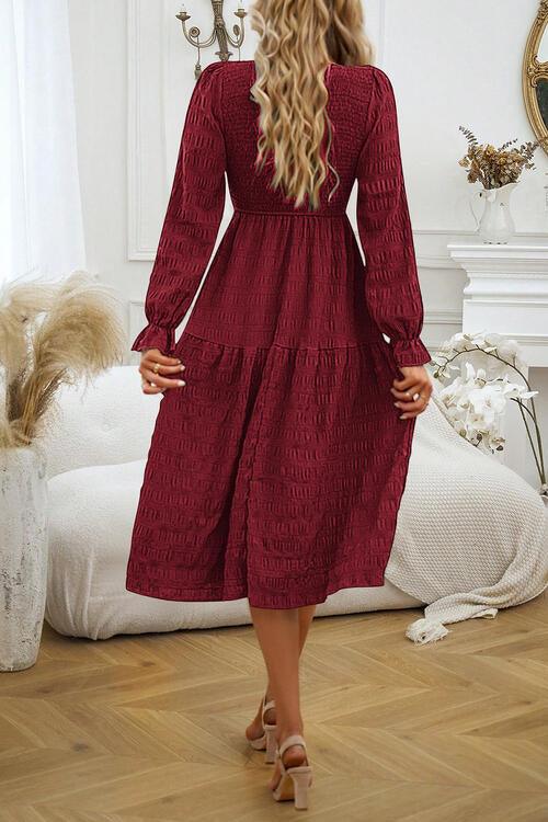 Round Neck Velvet Smocked Flounce Sleeve Dress - Browngold Fashion