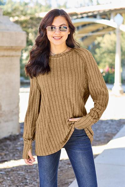 Basic Bae Full Size Ribbed Round Neck Long Sleeve Knit Top - Browngold Fashion