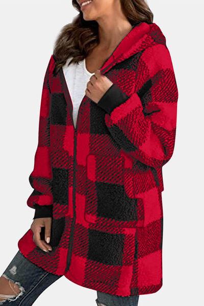 Double Take Full Size Plaid Long Sleeve Hooded Coat - Browngold Fashion