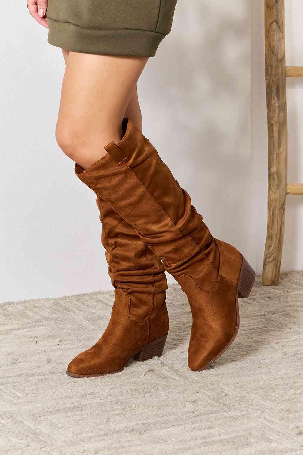 East Lion Corp Block Heel Knee High Boots - Browngold Fashion