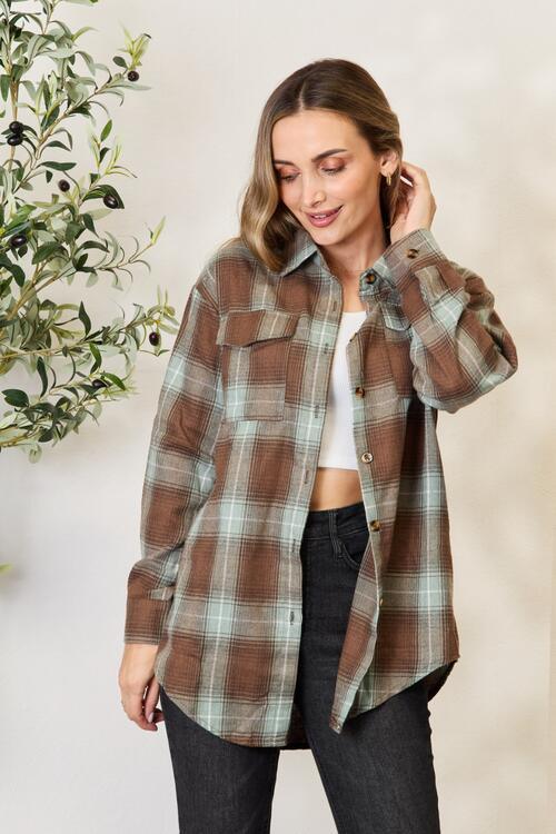 Double Take Plaid Dropped Shoulder Shirt - Browngold Fashion