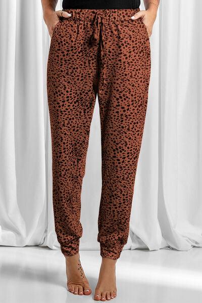 Full Size Leopard Drawstring Pocketed Pants - Browngold Fashion