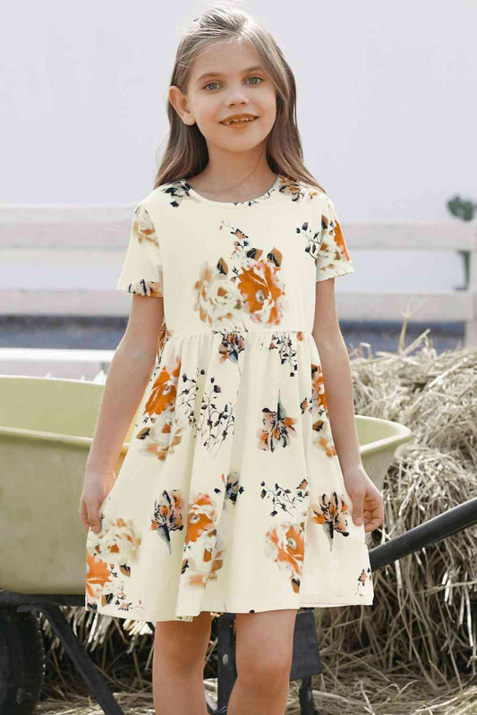 Girls Floral Short Sleeve Round Neck Dress - Browngold Fashion