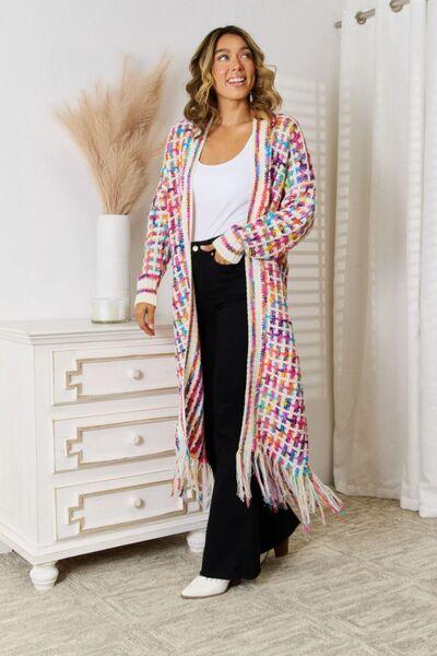 Multicolored Open Front Fringe Hem Cardigan - Browngold Fashion