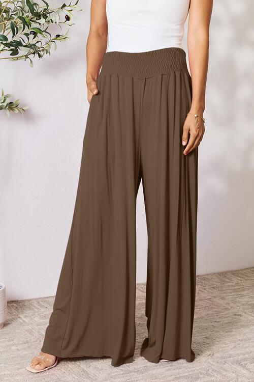 Double Take Full Size Smocked Wide Waistband Wide Leg Pants - Browngold Fashion