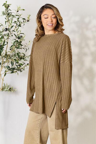 Basic Bae Full Size Ribbed Round Neck Long Sleeve Slit Top - Browngold Fashion