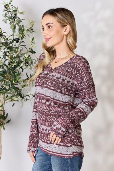 Heimish Full Size Christmas Element Buttoned Long Sleeve Top - Browngold Fashion