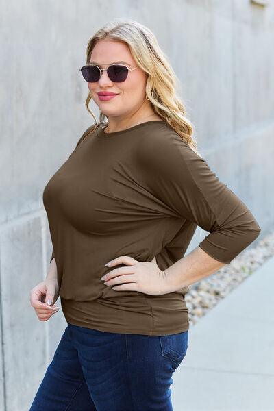 Basic Bae Full Size Round Neck Batwing Sleeve Blouse - Browngold Fashion