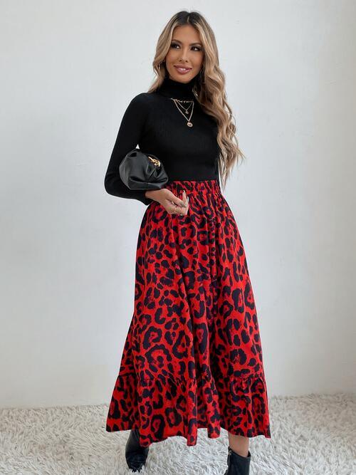 Printed Ruffle Hem Midi Skirt - Browngold Fashion