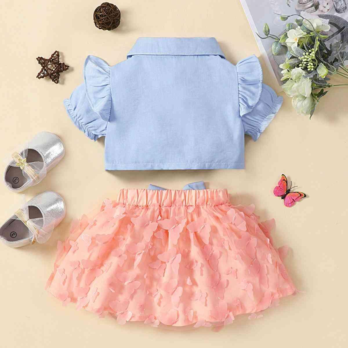 Ruffle Shoulder Shirt and Butterfly Applique Skirt Set - Browngold Fashion