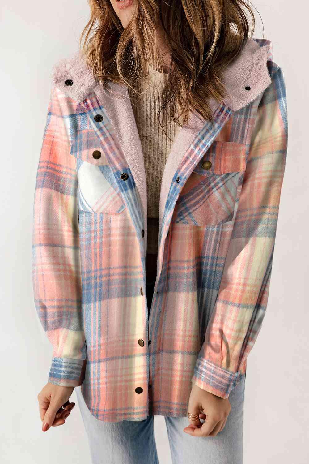 Plaid Snap Down Hooded Jacket - Browngold Fashion