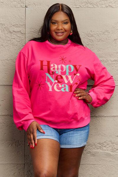 Simply Love Full Size HAPPY NEW YEAR Round Neck Sweatshirt - Browngold Fashion