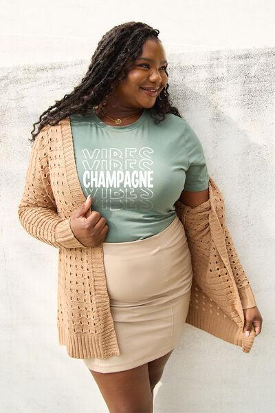 Simply Love Full Size CHAMPAGNE VIBES Round Neck T-Shirt - Browngold Fashion