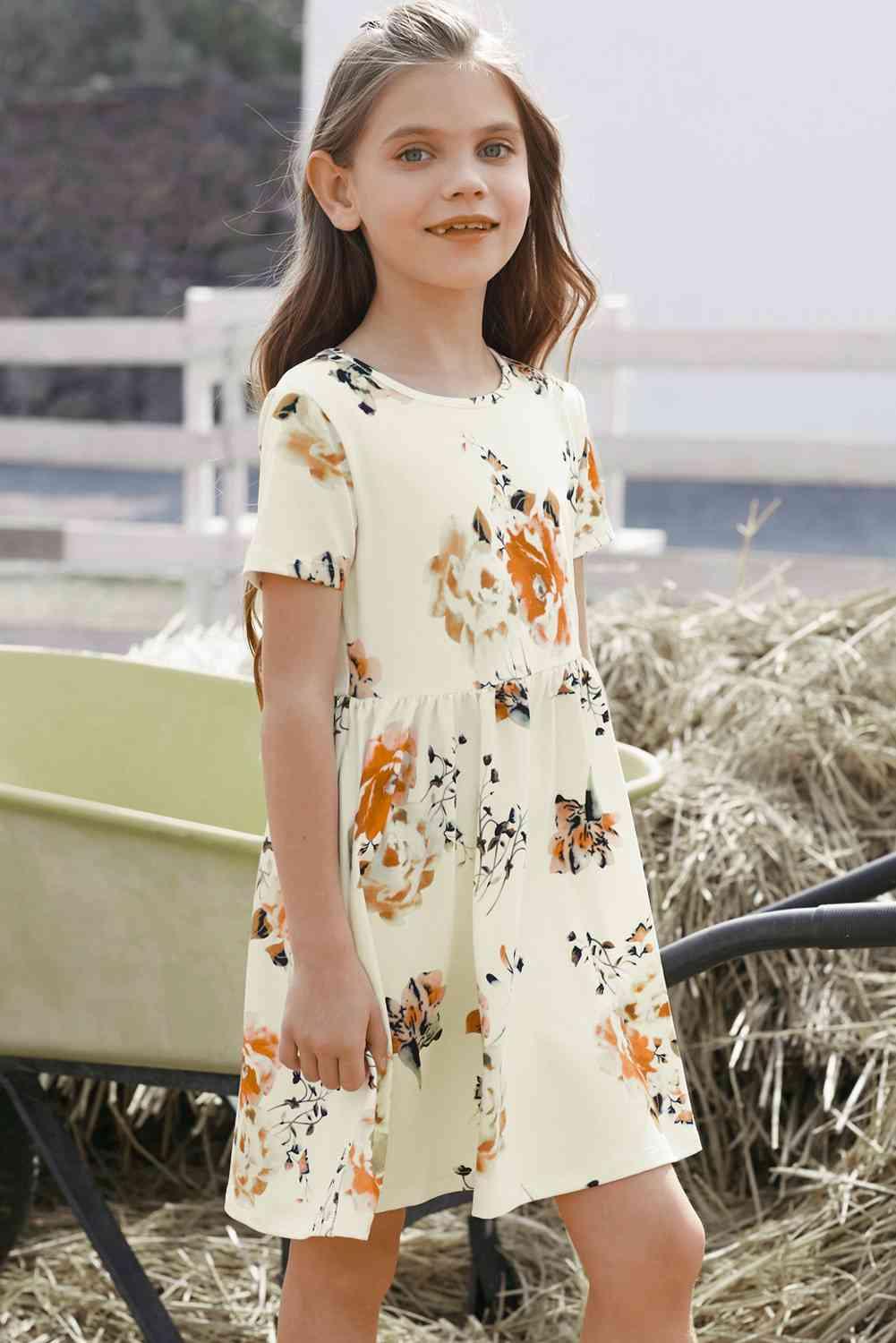 Girls Floral Short Sleeve Round Neck Dress - Browngold Fashion