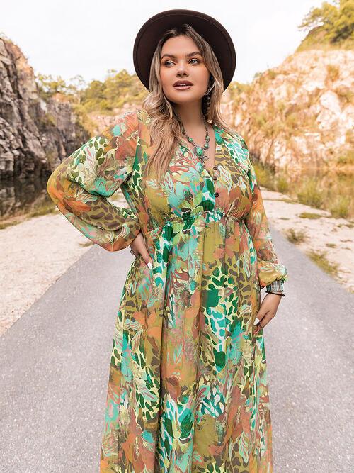 Plus Size Floral V-Neck Long Sleeve Dress - Browngold Fashion