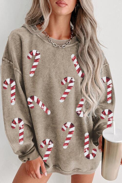 Sequin Candy Cane Round Neck Sweatshirt - Browngold Fashion