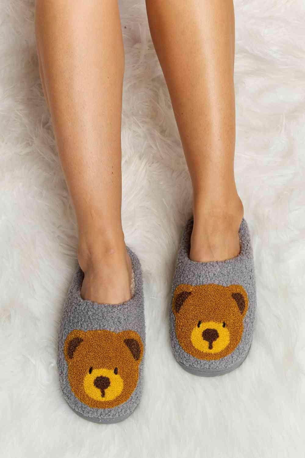 Melody Teddy Bear Print Plush Slide Slippers - Browngold Fashion