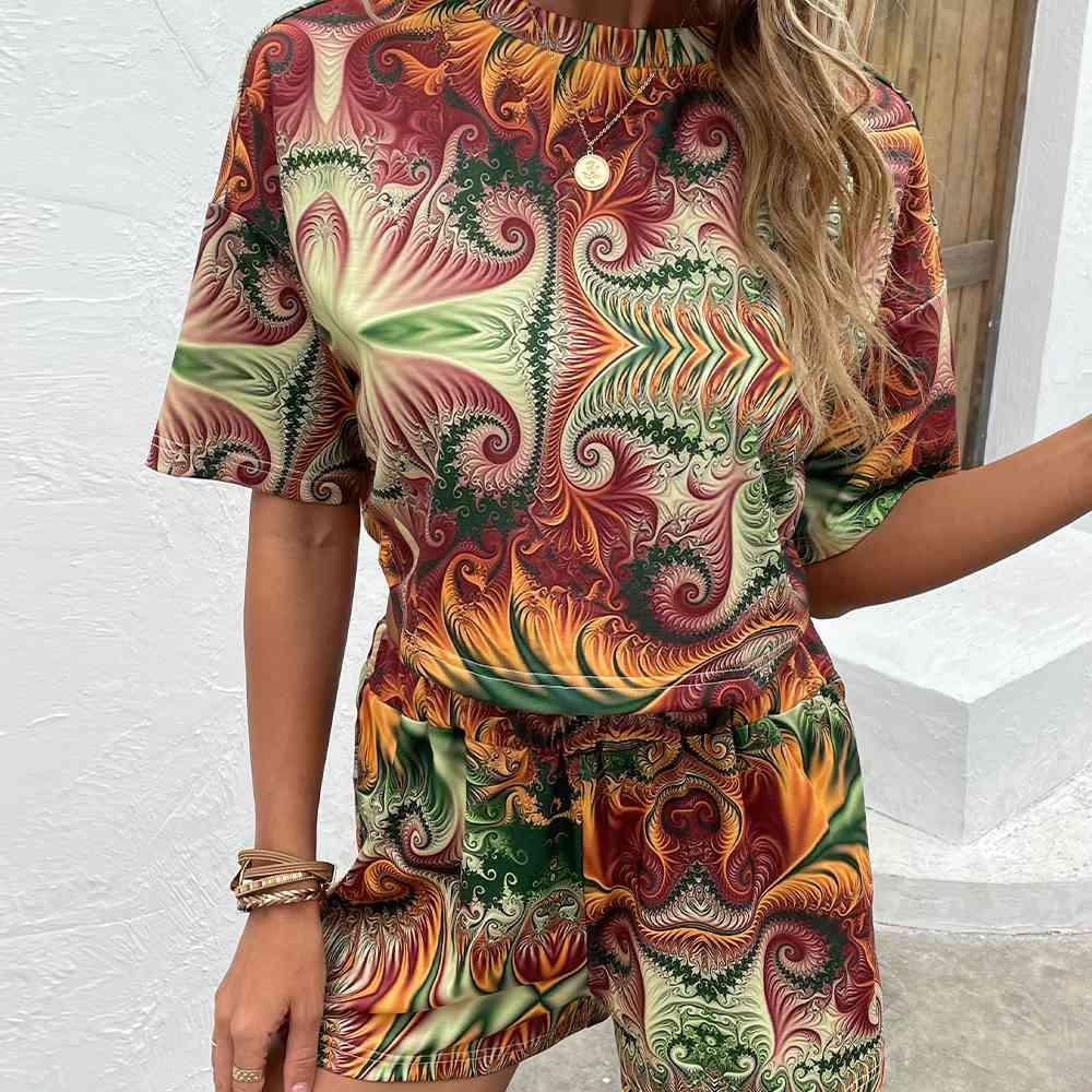 Printed Round Neck Dropped Shoulder Half Sleeve Top and Shorts Set - Browngold Fashion