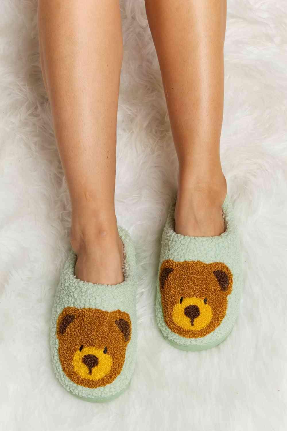 Melody Teddy Bear Print Plush Slide Slippers - Browngold Fashion