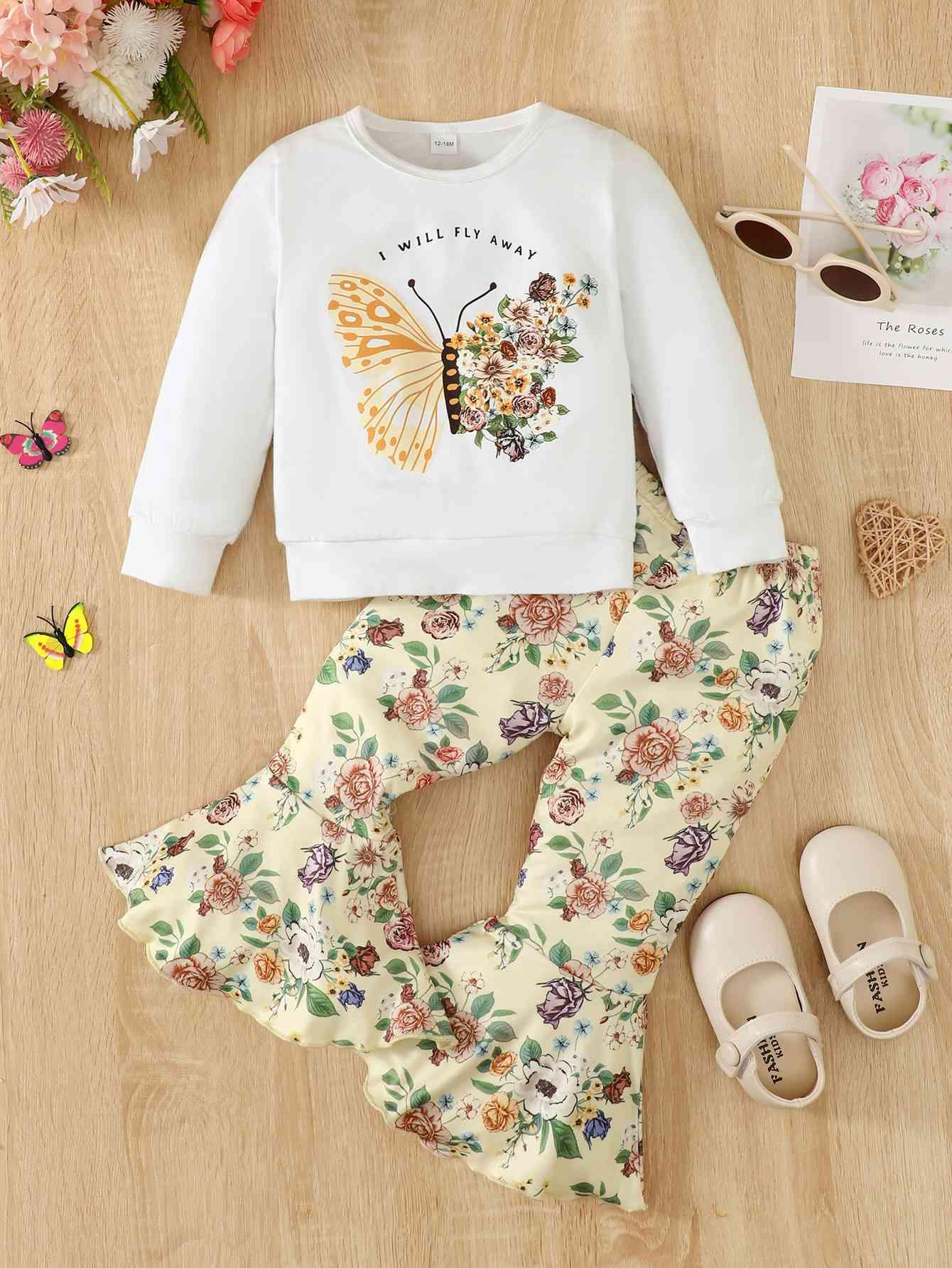 I Will FLY AWAY Butterfly Graphic Tee and Floral Print Flare Pants Kit - Browngold Fashion