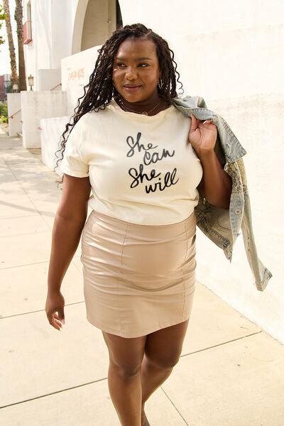 Simply Love Full Size SHE CAN SHE WILL Short Sleeve T-Shirt - Browngold Fashion