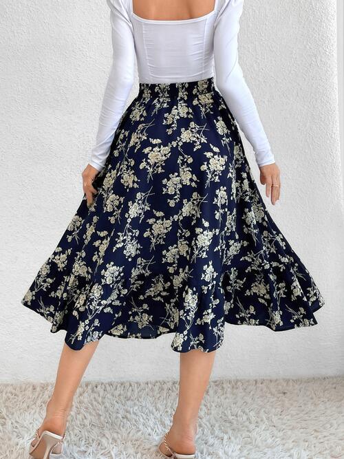 Printed Ruffle Hem Midi Skirt - Browngold Fashion