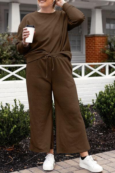 Double Take Full Size Textured Long Sleeve Top and Drawstring Pants Set - Browngold Fashion