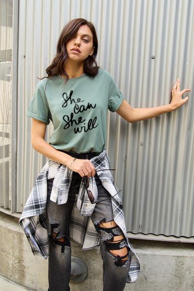 Simply Love Full Size SHE CAN SHE WILL Short Sleeve T-Shirt - Browngold Fashion