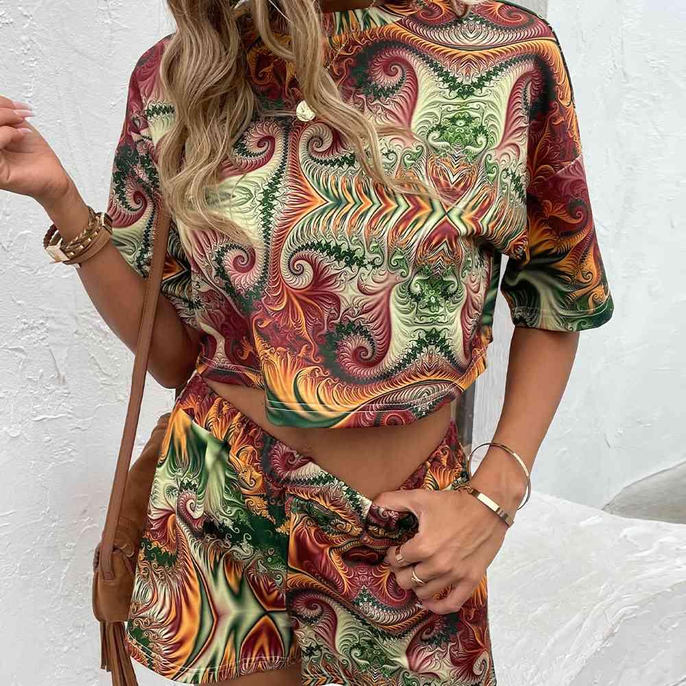 Printed Round Neck Dropped Shoulder Half Sleeve Top and Shorts Set - Browngold Fashion