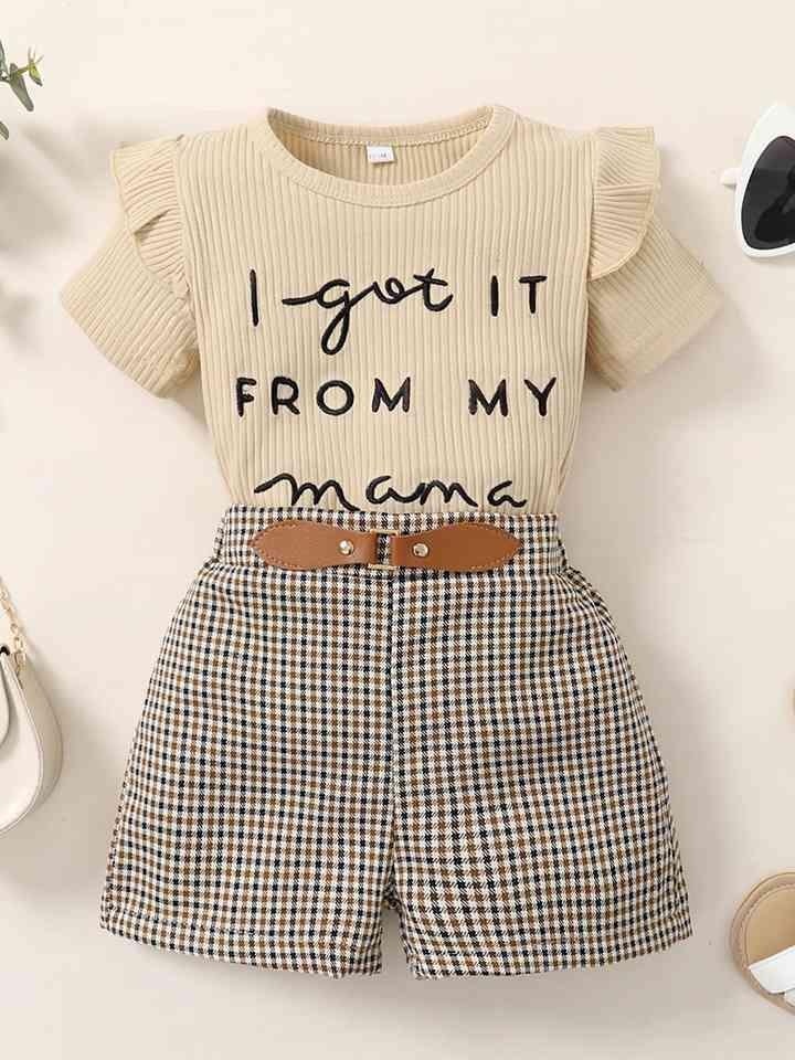 Ribbed Round Neck Short Sleeve Top and Plaid Shorts Set - Browngold Fashion