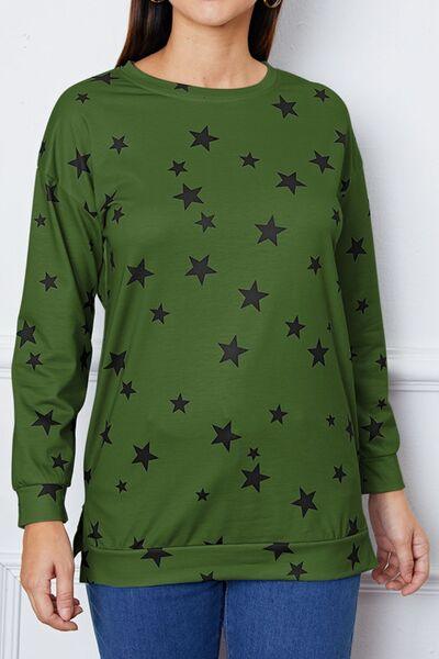 Star Print Round Neck Dropped Shoulder Sweatshirt - Browngold Fashion