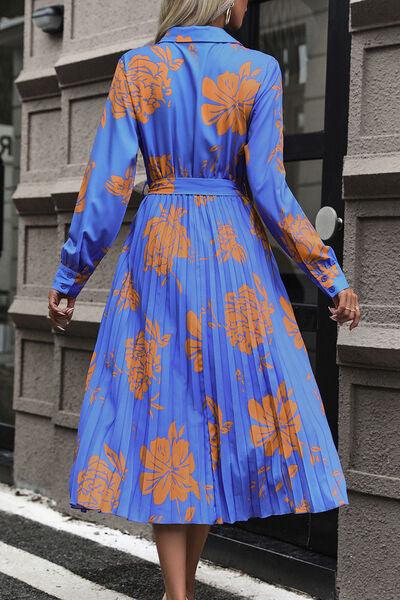 Floral Pleated Surplice Long Sleeve Midi Dress - Browngold Fashion