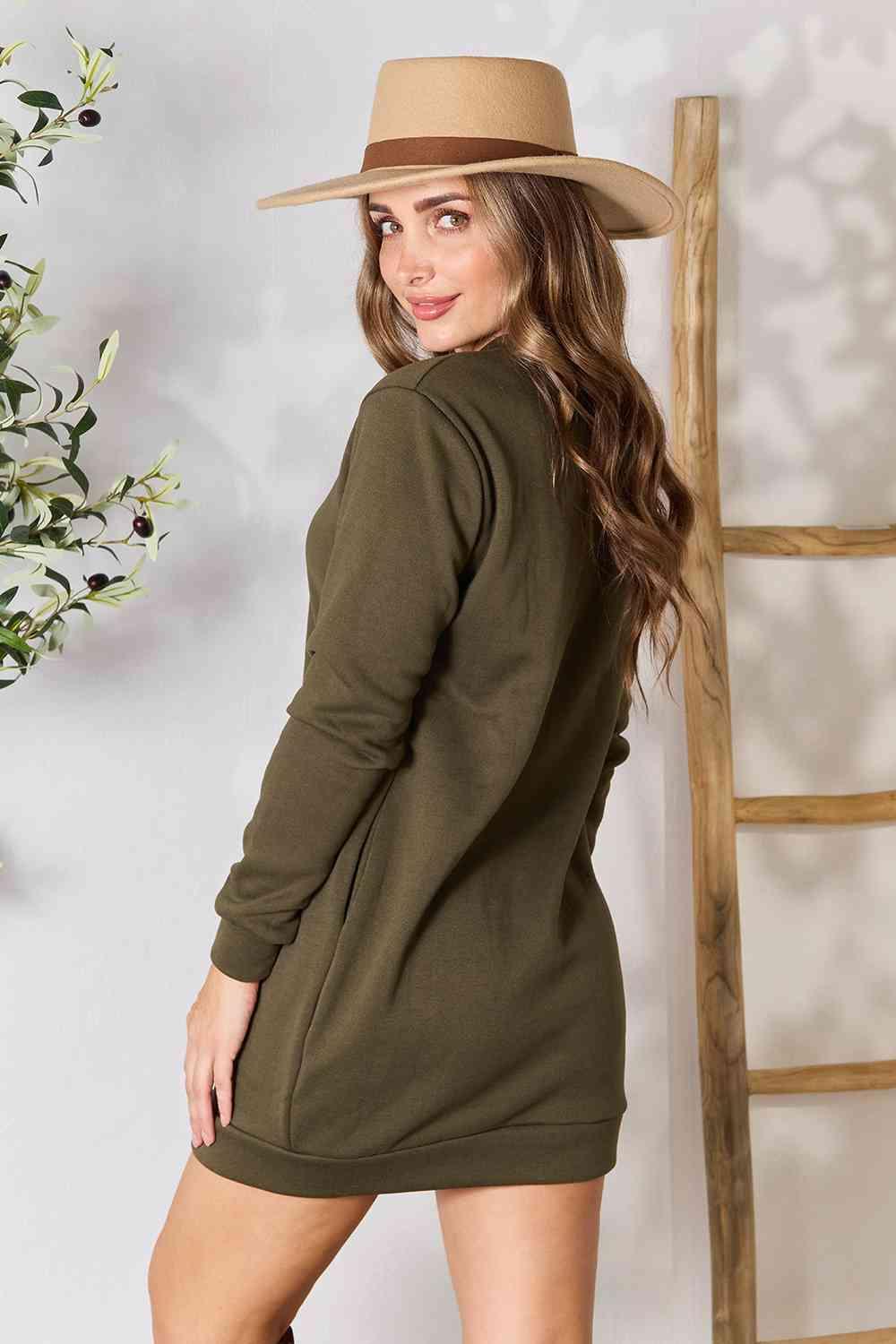 Double Take Round Neck Long Sleeve Mini Dress with Pockets - Browngold Fashion