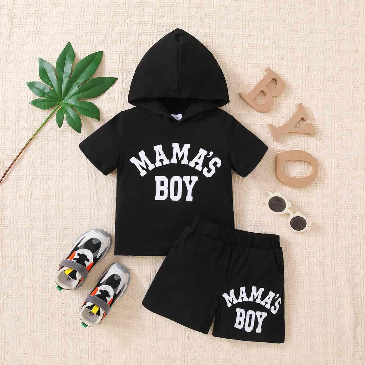 Kids MAMA'S BOY Graphic Short Sleeve Hoodie and Shorts Set - Browngold Fashion