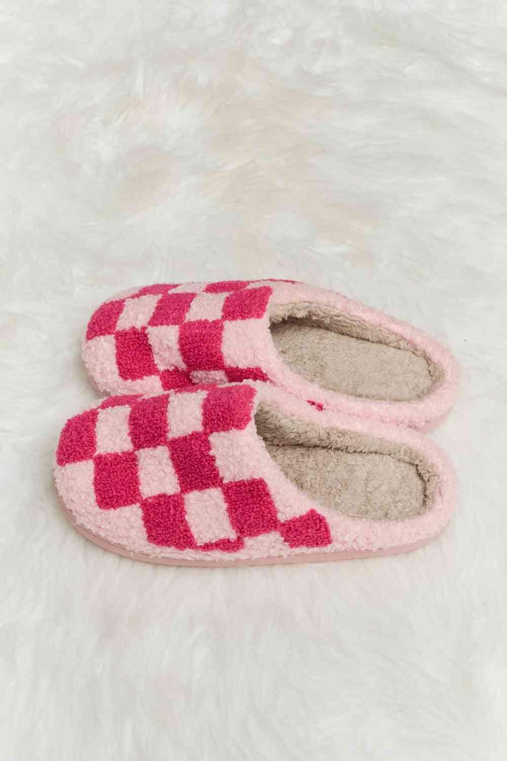 Melody Checkered Print Plush Slide Slippers - Browngold Fashion