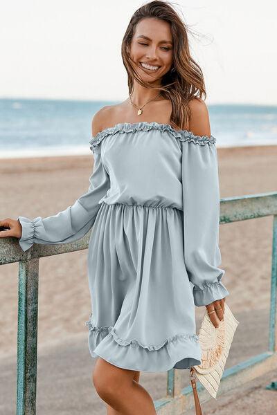 Frill Off-Shoulder Flounce Sleeve Dress - Browngold Fashion