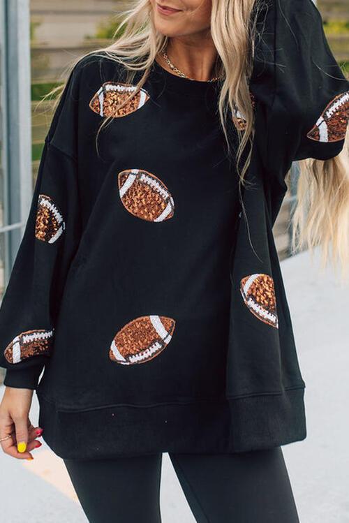 Football Sequin Patch Long Sleeve Sweatshirt - Browngold Fashion